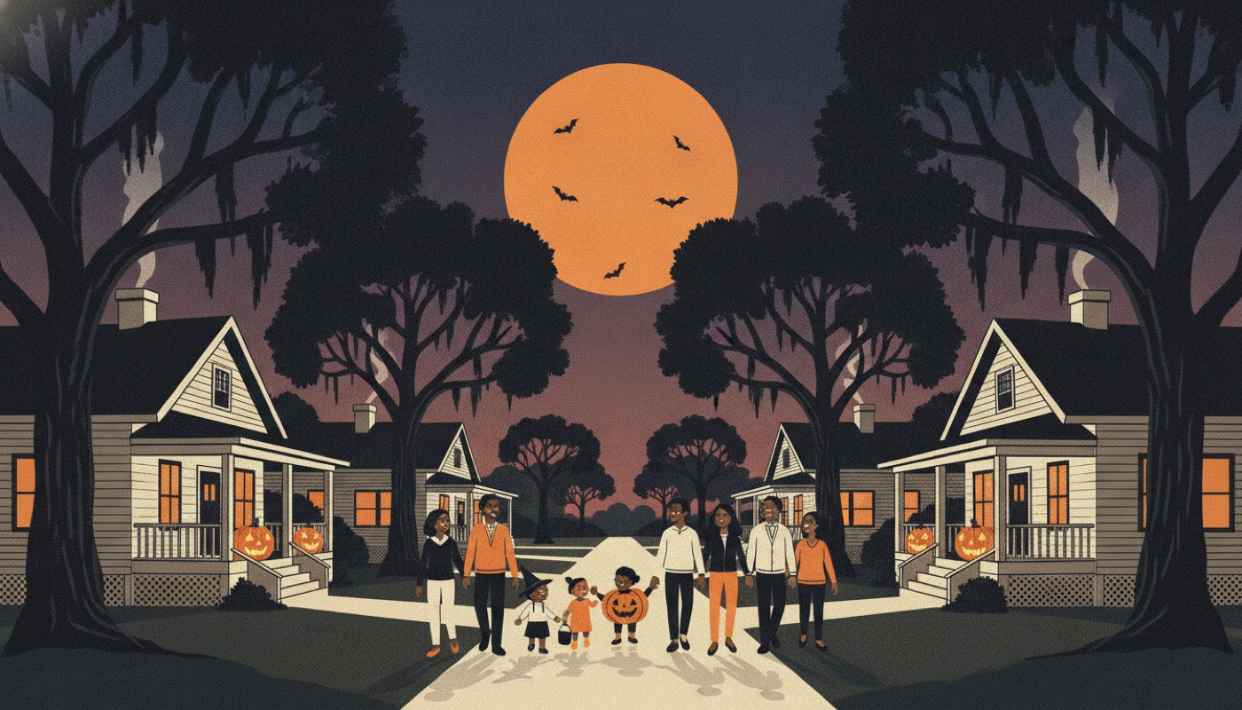 Illustration of neighbors and kids in Halloween costumes walking a Pecan Springs street at dusk, with jack-o-lanterns on the porches and an orange moon